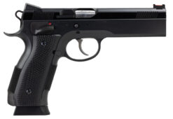 CZ-USA 91731 A01-LD  Full Size Frame 9mm Luger 19+1 4.93" Black Match Grade Bull Barrel, Blued Serrated Steel Slide, Blued Steel Frame w/Beavertail, Black Checkered Polymer Grip