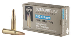 PPU PPS76239 Subsonic  7.62x39mm 182gr Full Metal Jacket Boat Tail 20 Per Box/50 Case