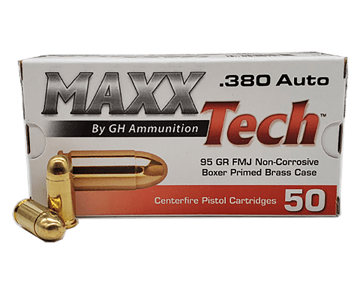 MaxxTech PTGB380B Brass Pistol 380ACP 95gr Full Metal Jacket 50 Per Box/20 Case