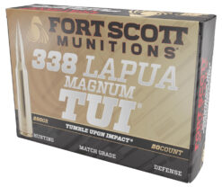 Fort Scott Munitions 338250SBV1 Tumble Upon Impact (TUI) Rifle 338LapuaMag 250gr Solid Copper Spun 20 Per Box/5 Case