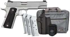 Kimber Mfg, Inc 3700826 Stainless LW Club Bundle Full Size Frame 45 ACP 7+1 5" Stainless Match Grade Barrel, Serrated Stainless Steel Slide, Stainless Aluminum Frame w/Beavertail, Black Textured Grip