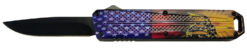 Xcaliber Knife Company  Don't Tread on Me  Medium 3.20" OTF Drop Point Plain Black 440C SS Blade, 4.80" US Flag Aluminum Handle