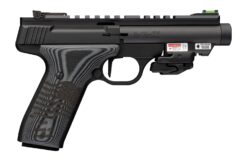Browning 051612490 Buck Mark Black Label 250 SR 22 LR 10+1 4.40" Matte Black Threaded Bull Barrel, Matte Black Aluminum Frame w/Picatinny Rail Top & Bottom, Black G10 Grip w/ Inscribed Waving Flag, Cr