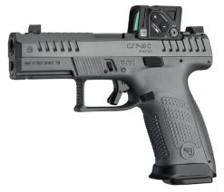 CZ-USA 91582 P-10 C  Compact 9mm Luger 15+1 4" Black Nitride Integral Compensator Barrel, Black Nitride Steel Serrated w/Optic Slide, Black Polymer Frame w/Accessory Rail Textured Grip, Aimpoint COA 3