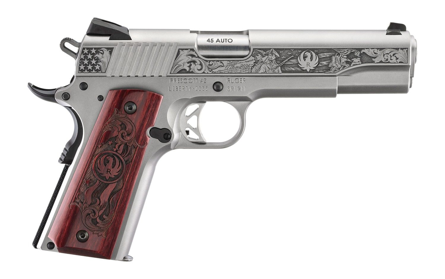 Ruger 16707 SR1911 250th Anniversary 45 ACP 8+1 5" Stainless Steel Barrel, Low-Glare Stainless Steel Serrated Slide & Frame w/Beavertail, Custom Wood Engraved Grip