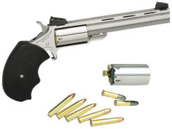 North American Arms MMTC Mini-Master *CA Compliant 22 LR/22 WMR 5 Shot 4" Stainless Steel Vent Rib Barrel, Stainless Steel Frame, Stainless Cylinder, Black Finger Grooved Rubber Grip, Exposed Hammer