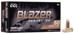 CCI 5201 Blazer Brass Handgun 9mmLuger 124gr Full Metal Jacket 50 Per Box/20 Case