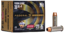 Federal P38HS1 Premium Personal Defense 38Special+P 129gr Hydra-Shok Jacketed Hollow Point 20 Per Box/25 Case