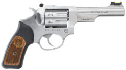 Ruger 5765 SP101  22 LR 8rd 4.20" Satin Stainless Steel Barrel, Cylinder & Frame, Black Rubber w/Wood Insert Grip, Transfer Bar Safety, Exposed Hammer