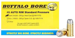 Buffalo Bore Ammunition 31A20 Standard Pressure Strictly Business 45Auto Rim 255gr Hard Cast Flat Nose 20 Per Box/12 Case