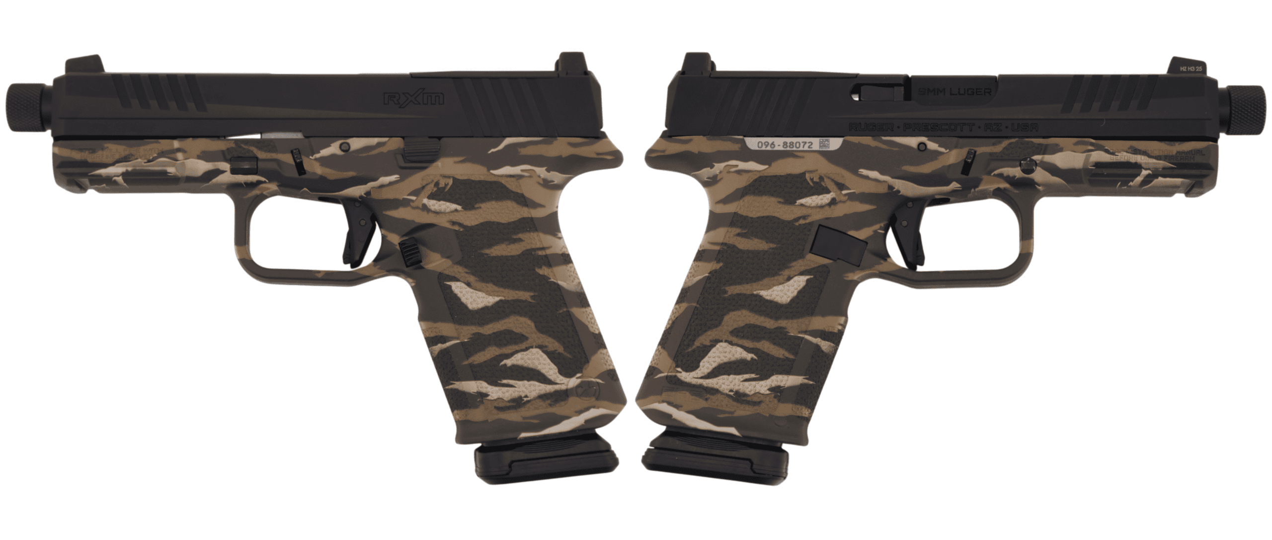 RUGER RXM THREADED 9MM PISTOL 4.5" BBL OD GREEN TIGER STRIPE MAGPUL EHG, O.R. 2-15RD MAGS